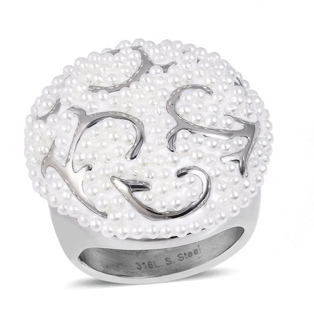 Simulated Pearl Ring in Stainless Steel Size 9